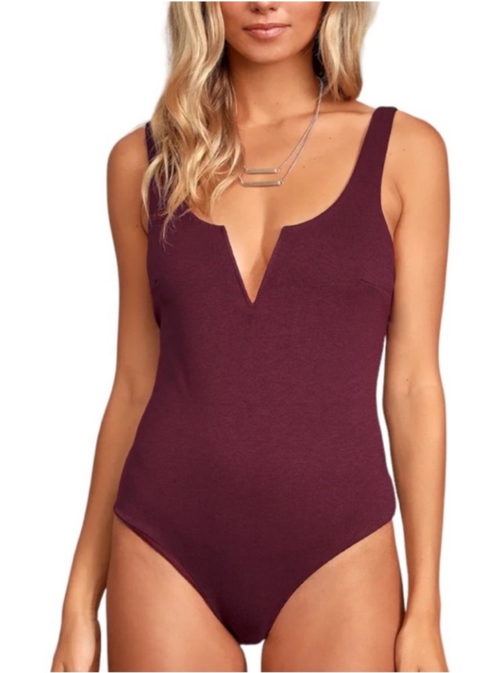 NWT Lulus XOXO Burgundy V Bar Notched Sleeveless Bodysuit Dark Wine Red XS